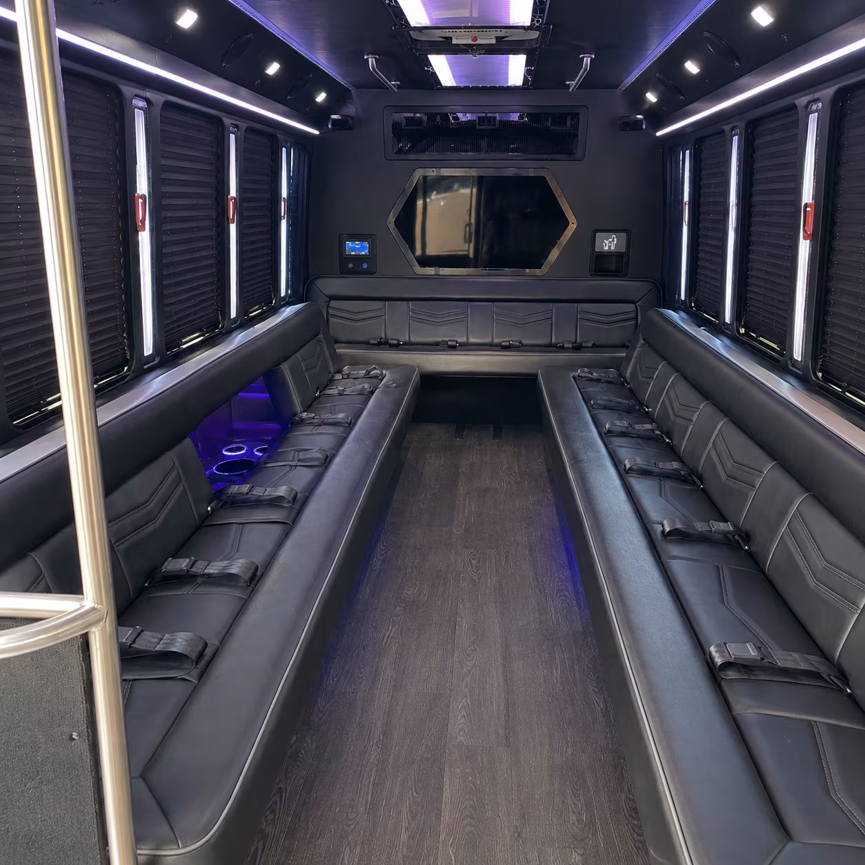 Wedding guests seated inside a party bus serving Rialto