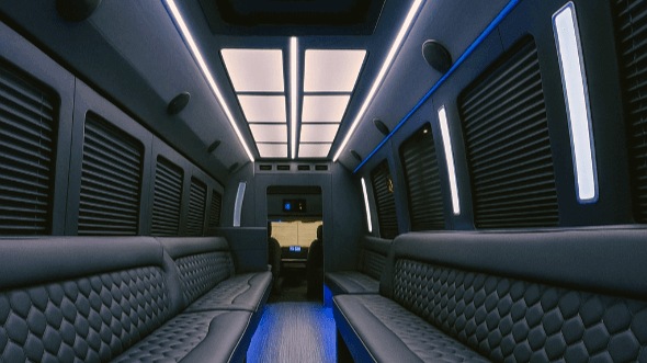 Interior of Charter Bus Company San Bernardino's 40 Passenger Party Bus in San Bernardino